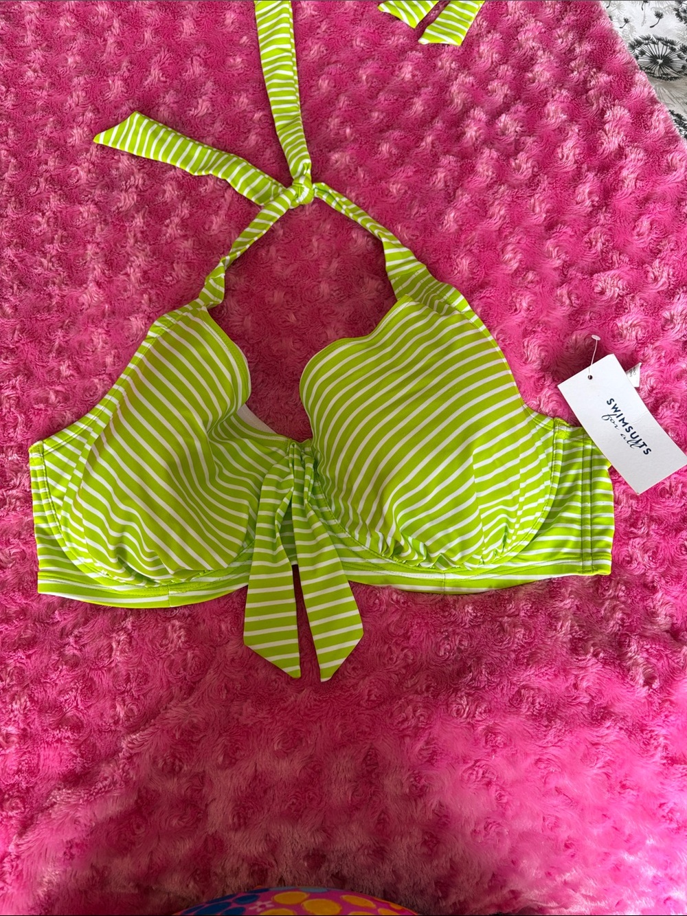 Swimsuits For All Lime Green & White Striped Halter Bikini Top
